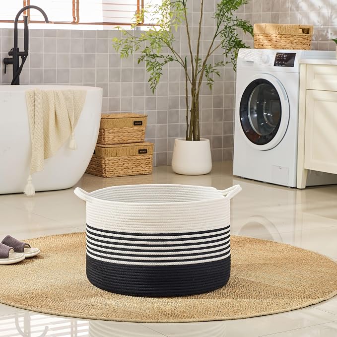 KAKAMAY Large Blanket Basket with Handles, Storage Basket for Living Room | Extra Large Capacity | Natural Cotton Rope | Blanket Storage | Woven Storage Basket | Stuffed Animal Storage | Laundry Basket - Image 6