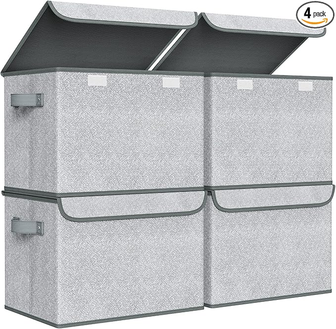 Univivi Decorative Fabric Storage Boxes with Lids, 4 Pack, Gray | 17 x 12 x 12 In Large Stackable Storage Bins with Lids & Carry Handles, Closet Organizers for Clothes, Office, Bedroom by Univivi