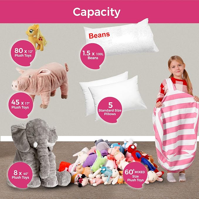 Aubliss Stuffed Animal Bean Bag Storage Chair, Beanbag Covers Only | for Organizing Plush Toys, Turns into Bean Bag Seat for Kids When Filled, Medium 32"-Canvas Stripes Pink/White - Image 4