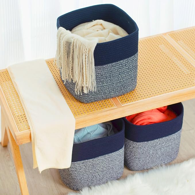 3-Pack 11x11in Woven Cube Storage Bin and Shelf Baskets, Cute Decorative Square Organizer for Closet, Classroom, Bathroom, Dog and Cat Toys, and Books, Navy Blue - Image 6