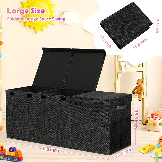 Extra Large Toy Box, Collapsible Toy Storage Organizer, 40"x16"x16", Black | Sturdy Kids Toys Bin Chest with 2 Mesh Pockets and Dividers for Boys Girls, Bedroom & Living room Toy Organization - Image 7