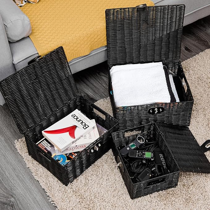 Set of 3 Woven Wicker Storage Basket Box with Lids & Lock, Built-in Carry Handles, Multifunctional Storage Organizer for Nursery, Baby, Clothes, Toys, Books, Large/Medium/Small Size (Black) - Image 2