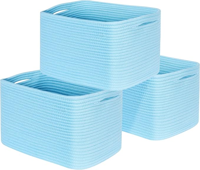 3-Pack Decorative Woven Storage Baskets for Shelves, Cube Bin Box for Organizing Books, Shoes, Dog Toys, Pantry Closet and Living Room Organizer, Sky Blue by MINTWOODDesign