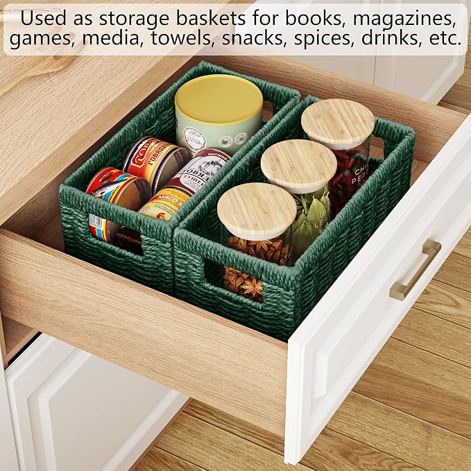 Wicker Storage Basket, Set of 2 Hand Woven Wicker Baskets for Organizing with Handles, Decorative Small Storage Bins for Countertop Toilet Paper Basket for Toilet Tank Top, Shelves, Green - Image 6