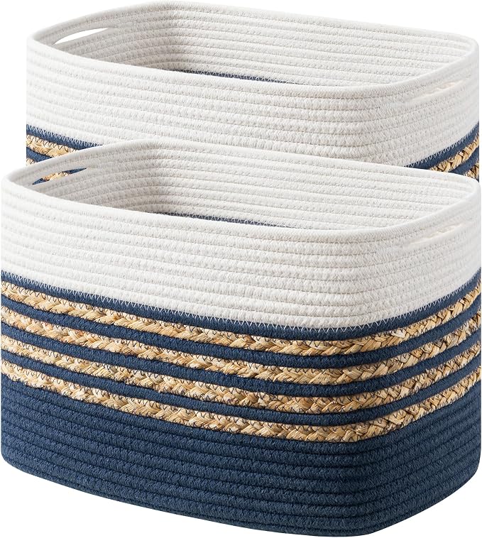 UBBCARE 2 Pack Baskets for Organizing, Woven Storage Baskets for Toys and Towel, Rectangle Cotton Rope Basket with Handles, 14''L x 8''W x9''H, Navy Blue by UBBCARE