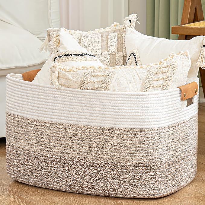 Blanket Basket, 72L Woven Storage basket with Leather Handle, Eco-friendly Decorative Storage Organization in Bathroom & Living Room for Towels 22 ''*17 ''*11.8 '', Gradient Brown by danpinera