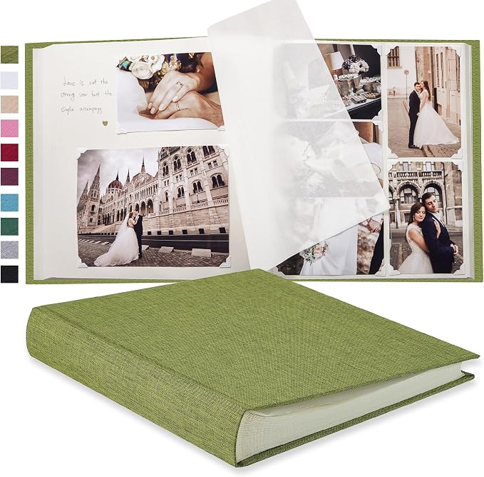 Pssoss Large Linen DIY Scrapbook Album with Writing Space, 100 Pages, Green | Fits 3x5, 4x6, 5x7, 6x8, and 8x10 photos for baby, wedding, family, children, anniversary, and memory keeping. by Pssoss