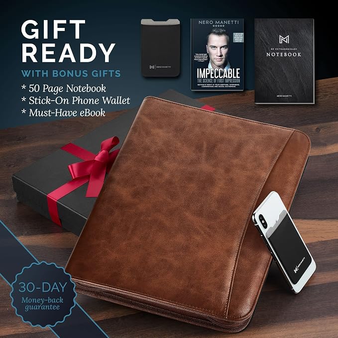 NERO MANETTI- Zippered Vegan Leather Padfolio/Portfolio Pad Holder-Business PU Leather Notepad Folder for Resumes, Interviews, iPad/Tablet, Phone, Legal Pad Notebook Executive Binder for Women, Men - Image 2