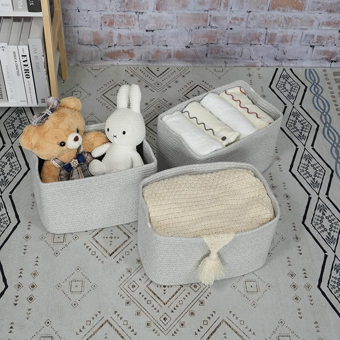 XUANGUO Woven Cotton Rope Storage Baskets 15x10x9.3" 3 Pack Grey | Decorative rectangular storage baskets for shelves and closets; storage bins organize clothes, toys, books and nursery items. - Image 5