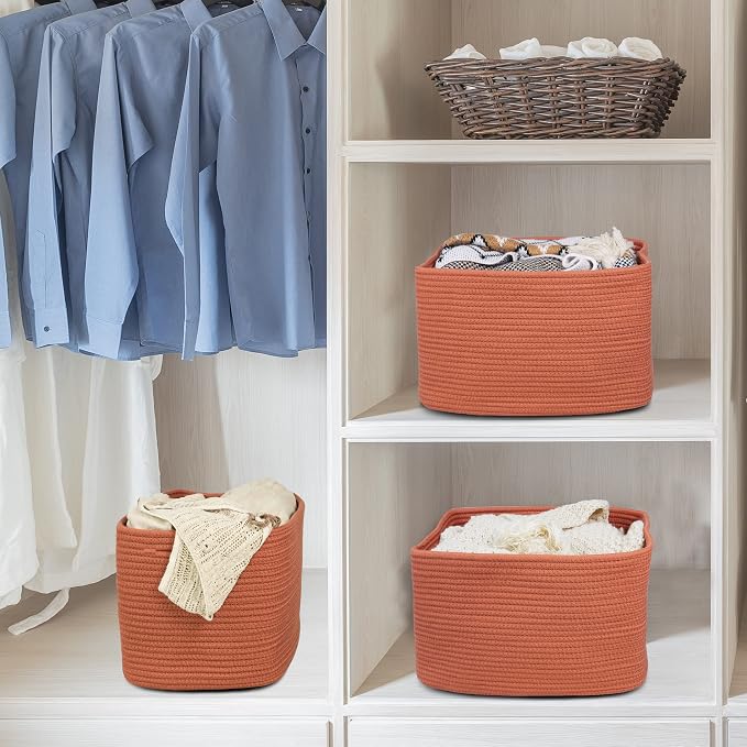 XUANGUO Woven Cotton Rope Storage Baskets 15x10x9.3" 3 Pack Rust | Decorative rectangular baskets for shelves and closets; storage bins help organize clothes, toys, books and nursery items. - Image 6