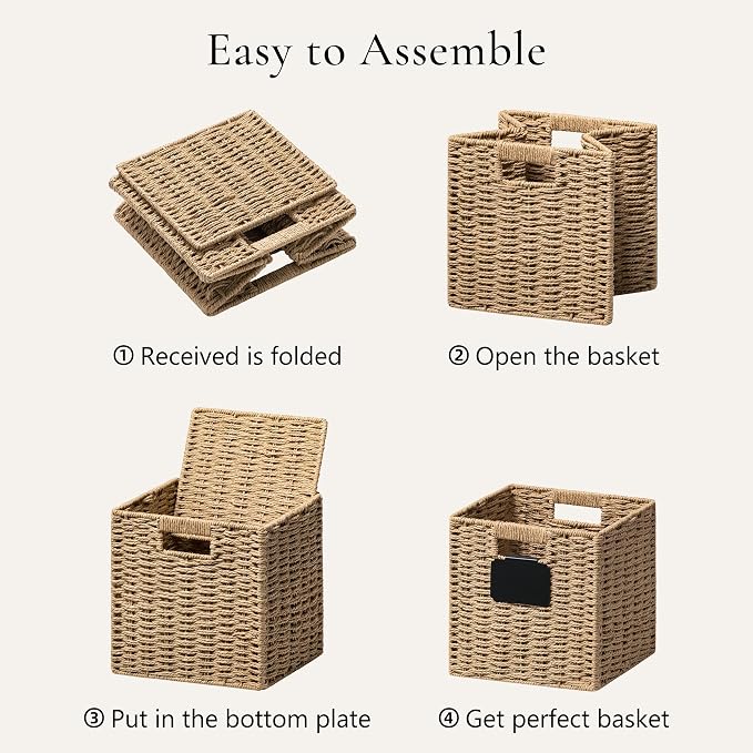 UBBCARE 4 Pack Small Wicker Basket, 9×9 Storage Cubes with Label, Foldable Cube Storage Bin with Handle, Square Storage Basket for Shelves, Woven Paper Rope Basket for Organizing, Brown - Image 7