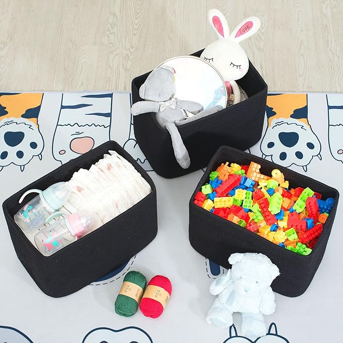 3-Pack Storage Baskets for Shelves, Playroom and Classroom, Book Basket, Decorative Storage Cube Bins, Woven Closet Organizers, Pantry and Shoe Organizer, Full Black - Image 5