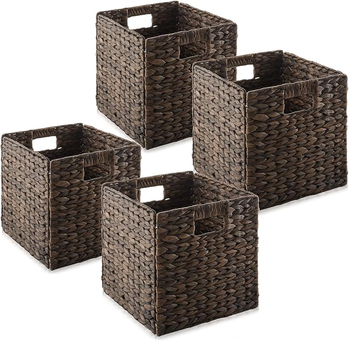 Casafield 10.5" x 10.5" Water Hyacinth Storage Baskets, Espresso - Set of 4 Collapsible Cube Organizers, Woven Bins for Bathroom, Bedroom, Laundry, Pantry, Shelves by Casafield