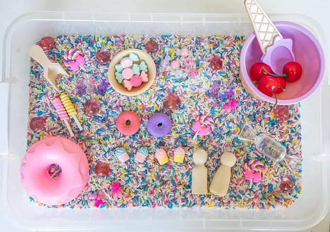 Sweets Shop Sensory Bin Kit for Kids | Bright Rainbow Rice, Candy Erasers, Donut Containers & Wooden Tools – Includes Clear Storage Bin - Image 8
