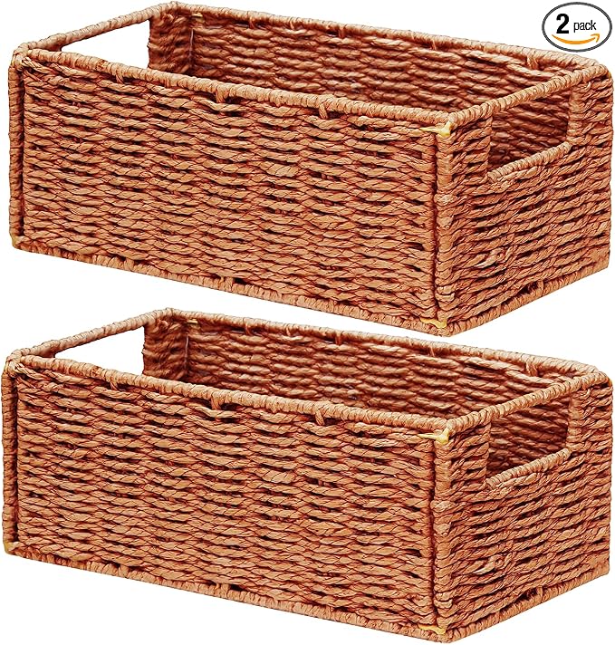 Wicker Storage Basket, Set of 2 Hand-Woven Paper Rope Wicker Basket, Small Storage Baskets for Organizing Toilet Paper, Foldable Small Cube Organizer Bins for Shelves (Orange) by Vagusicc