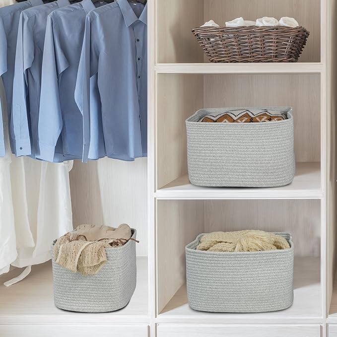 XUANGUO Woven Cotton Rope Storage Baskets 15x10x9.3" 3 Pack Grey | Decorative rectangular storage baskets for shelves and closets; storage bins organize clothes, toys, books and nursery items. - Image 6