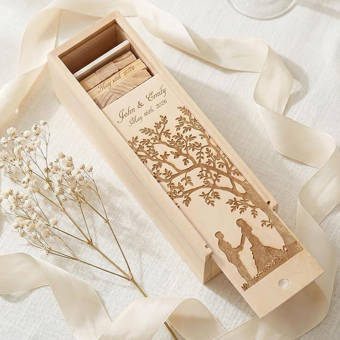 WE Games Personalized Guest Book Alternative, Wooden Memory Keepsake Box, 54 Blocks, Custom Engraved Couple with Tree - Engagement Party, Wedding Shower, Bachelorette Party - Image 2