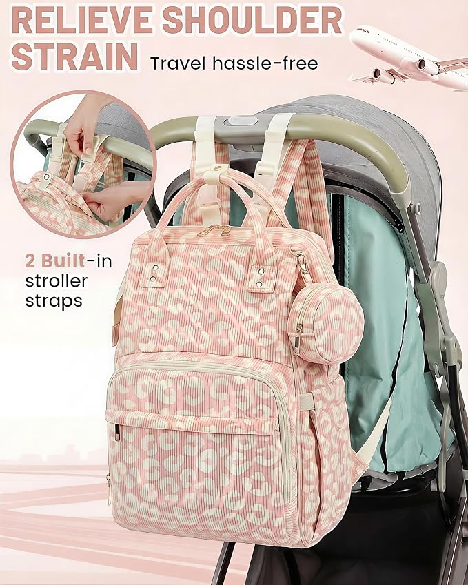 Corduroy Diaper Bag Backpack, Large Capacity Multifunction Baby Diaper Bags for Women, Insulated Bottle Pockets & Pacifier Case, Stylish Travel Nappy Changing Bags for Mom Dad (Leopard Pink) - Image 7