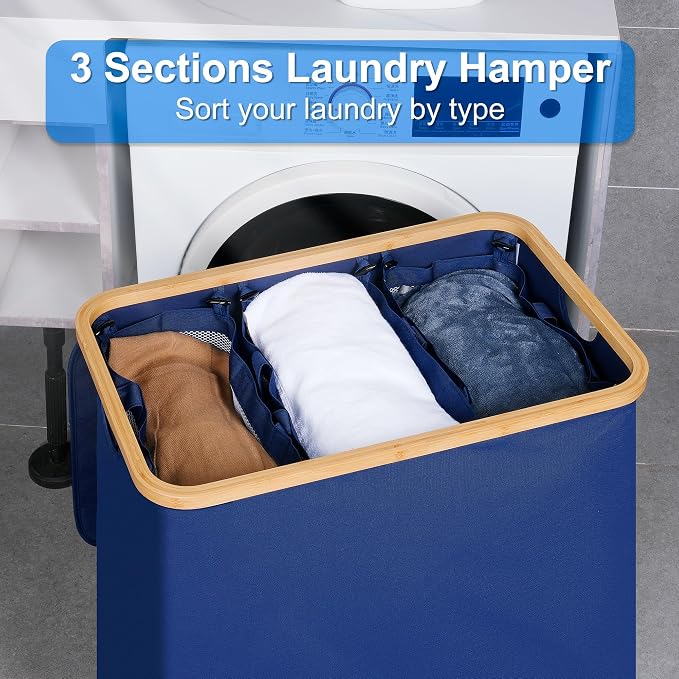efluky Laundry Hamper with Lid, Trio Laundry Basket with 2 Removable Bags, 3 Section Laundry Bin with Bamboo Handles for Bathroom, Bedroom & Laundry Room, 160L (42.3 Gallon) Blue - Image 5