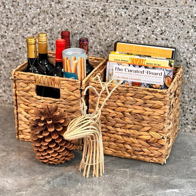 4 Decorative Hand-Woven Water Hyacinth Wicker Storage Basket, 9x9x9 - Image 3