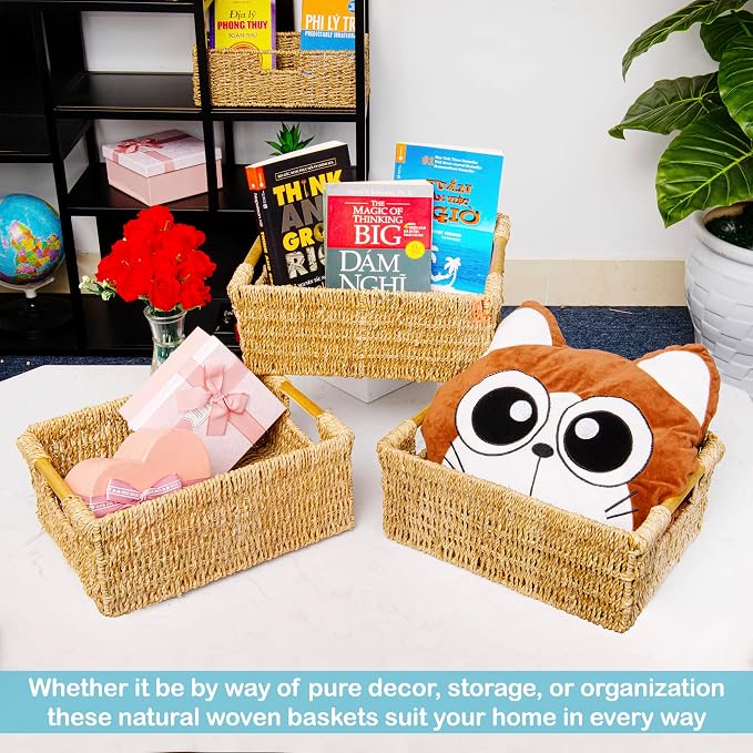 Natural Seagrass Storage Basket with Handle, Rectangular Woven Organizer Bin for Living Room or Shelf, Decorative Storage Basket, Medium Size 13.4 x 9.3 x 4.9 Inches - Image 7