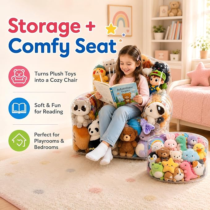 Clear Stuffed Animal Storage Bean Bag Chair Cover for Kids with Zipper | Transparent Waterparoof Wipe Clean Thicker PVC, Holds 180+ Stuffed Animals, Double Zipper for Plush Toys Storage & Organizing - Image 4
