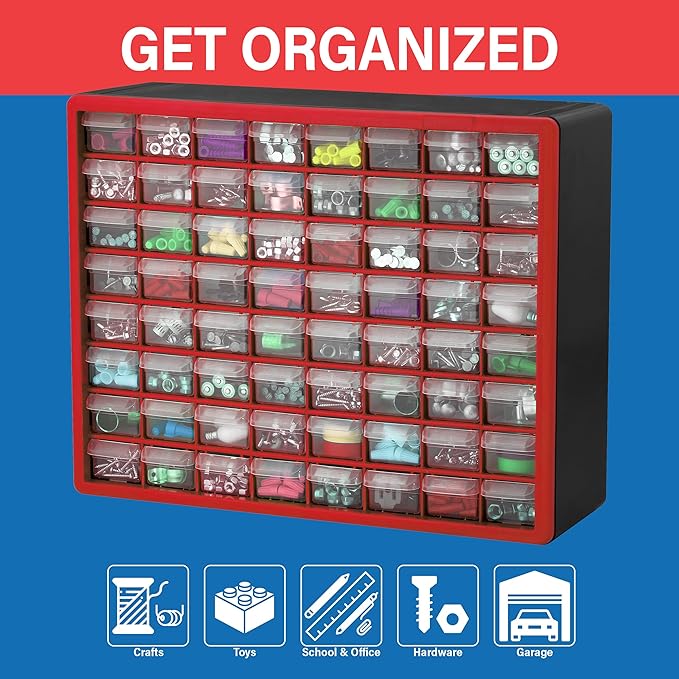 Akro-Mils 64-Drawer Plastic Storage Cabinet, 20" W x 6" D x 16" H, Red | Plastic Cabinet w/ Drawers for Garage Organization, Beads, Building Bricks Storage, Teacher Toolbox, Makeup Organizer, 10164 - Image 4