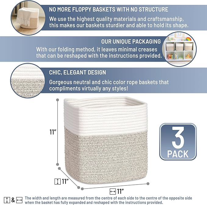NaturalCozy Storage Cubes 11 Inch Cotton Rope Woven Baskets for Organizing, 3-Pack | Cube Bin Square Shelves Organizer, Classroom, Kids Toy Bins, Closet, Baby Nursery - Image 2
