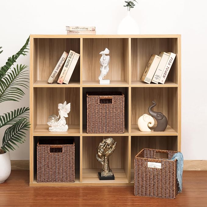 11X11X11in Brown Plastic Wicker Storage Basket, Foldable Cube Woven Storage Basket for Shelves, 11x11 Cube Storage Bins Set of 3, Wicker Storage Baskets for Laundry Nursery Room - Image 2