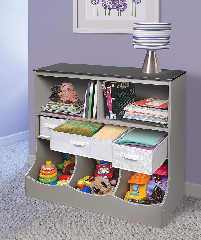 Badger Basket Combo Bin Toy Storage Unit and Book Shelf for Kids with 3 Baskets - Woodgrain/Gray | Kids storage organizer with 3 removable baskets, open shelves & display top for toys, books, clothes & more. - Image 5