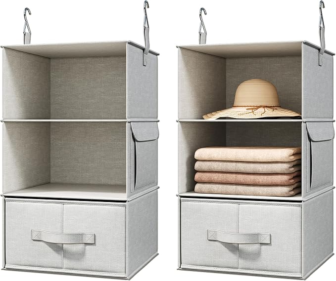 2 Pack 3-Shelf Hanging Closet Organizer with 2 Drawers, Silver Gray | Two Hanging Organizers with Fabric Drawers, Space-Saving Closet Storage for Clothes, Baby Items, Nursery and Dorm Rooms by Vailando