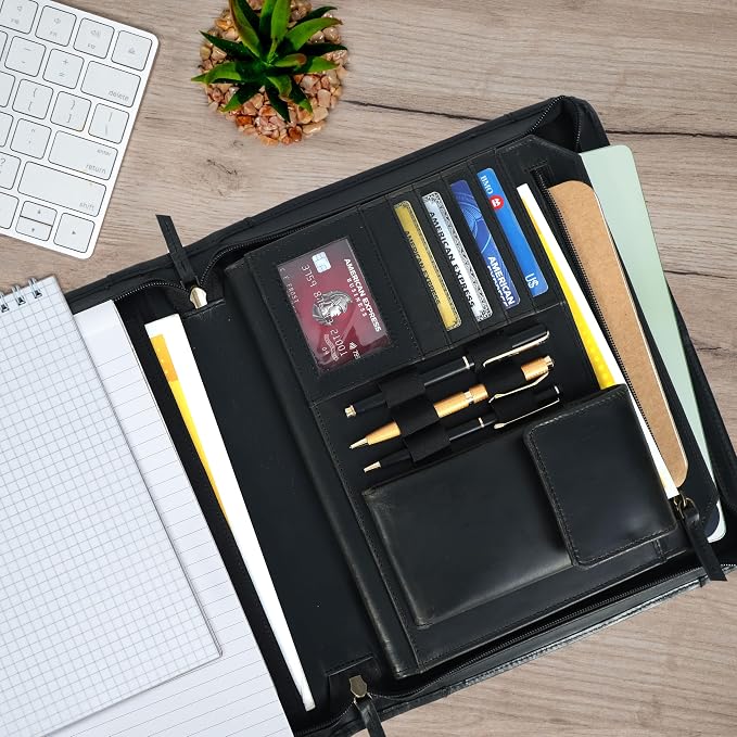 Leather Portfolio for Men, Portfolio Organizer with Zipper for Men Women, Leather Padfolios Business Resume Legal Pad Notebook Binder for A4/Pad (Black) - Image 7