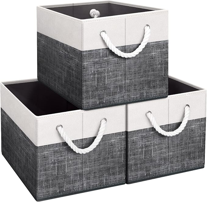 Storage Bins 3-Pack, Foldable Storage Baskets for Organizing Toys, Books, Shelves, Closet, Large Storage Box with Rope Handles, Sturdy Organizer Bins, White & Black | 3-Pack Storage Bins for Organizing Toys, Books, Shelves, Closet, Large Storage Box St... by Fabtotes