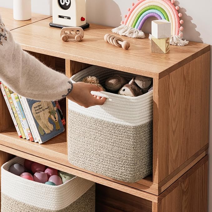 joybest 13inch Cube Storage Bins, Cotton Rope Woven Organizer Basket | Set of 4 Cube Bin Square Shelves Organizer Closet Storage, Nursery, Toy Organization, Brown&White - Image 5