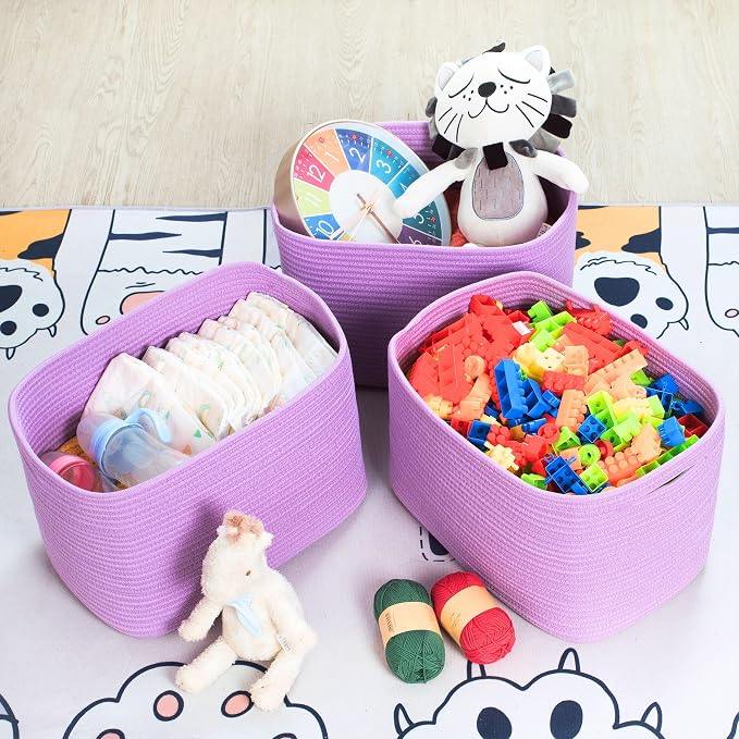 3-Pack Storage Baskets for Shelves, Decorative Baskets for Organizing, Woven Baskets for Storage, Book Basket Cube Storage Bin Box, Pantry Closet and Shoe Organizers, Lilac Purple - Image 5
