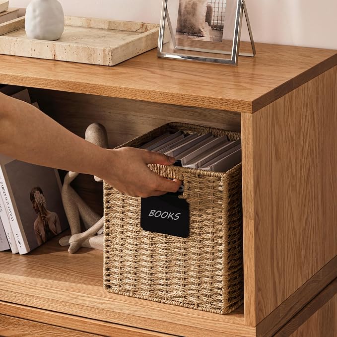 UBBCARE 4 Pack Small Wicker Basket, 9×9 Storage Cubes with Label, Foldable Cube Storage Bin with Handle, Square Storage Basket for Shelves, Woven Paper Rope Basket for Organizing, Brown - Image 4