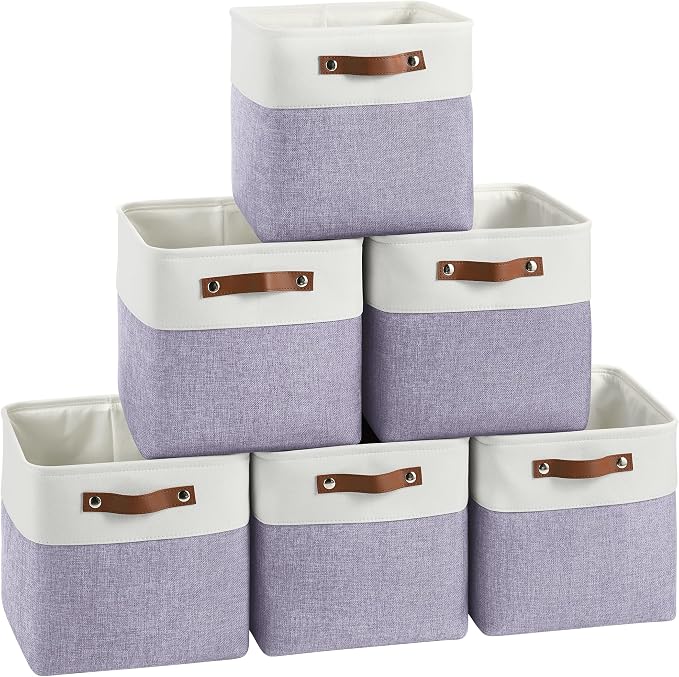FinishingBo 11 inch Cube Storage Bin 6 Pack, Cube Organizer Bins | Fabric Storage Bins With Handles, 11x11 Storage Cubes, Shelf Basket, White/ Purple by SimplifySpaceSimplifyLife