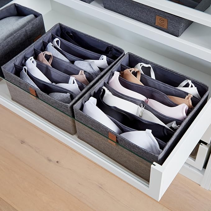 LOVE IT STORE IT Premium Drawer Box 2-Piece - Wardrobe Organiser Made of Linen Fabric - Reinforced - 6 Compartments for Bras, Shirts, Trousers - Grey - 30 x 30 x 15 cm - Image 6