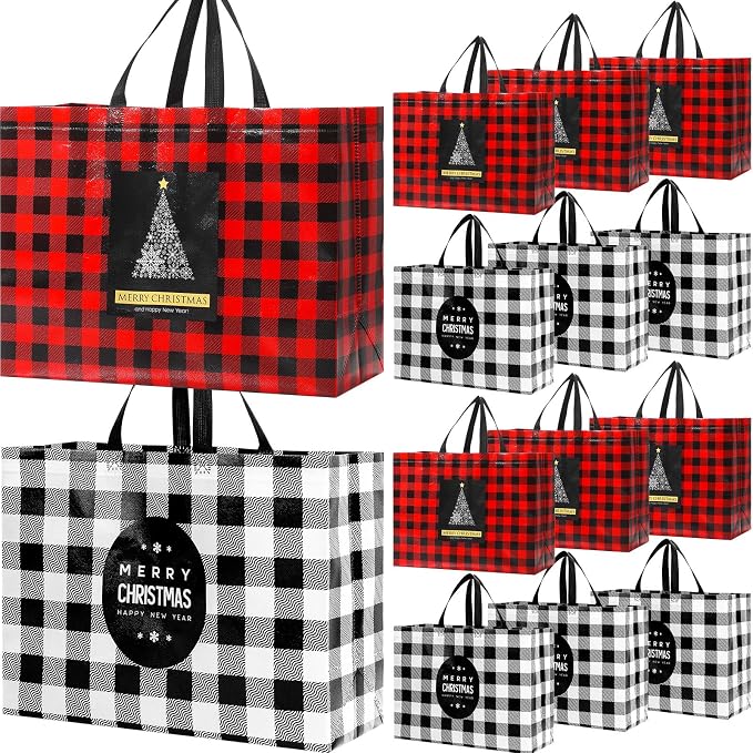 Colarr 18 Pcs Extra Large Christmas Tote Bags with Handle Christmas Gift Bag Non Woven Red Black Buffalo Plaid Waterproof Reusable Bag for Winter Xmas Holiday Wedding Party Supplies, 16.5''x 13 "x 7'' by Colarr