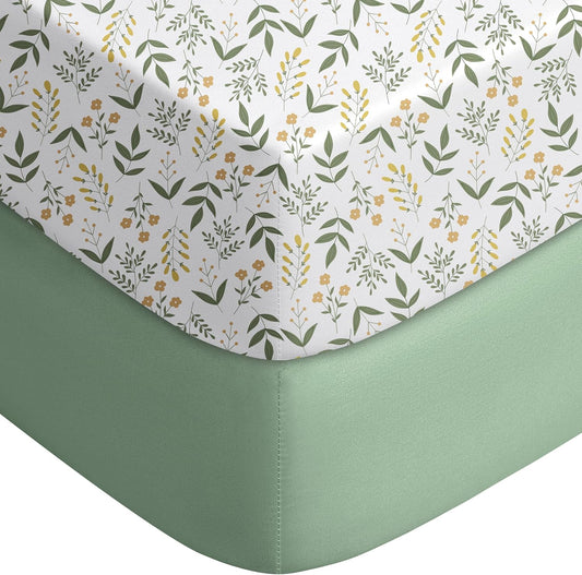 Yoofoss Baby Pack and Play Sheets 2 Pack for Boys and Girls - 38x26 Mini Crib Sheets Fitted Neutral Compatible with Graco Pack n Play Mattress,Ultra Soft Breathable Microfiber Green Flower