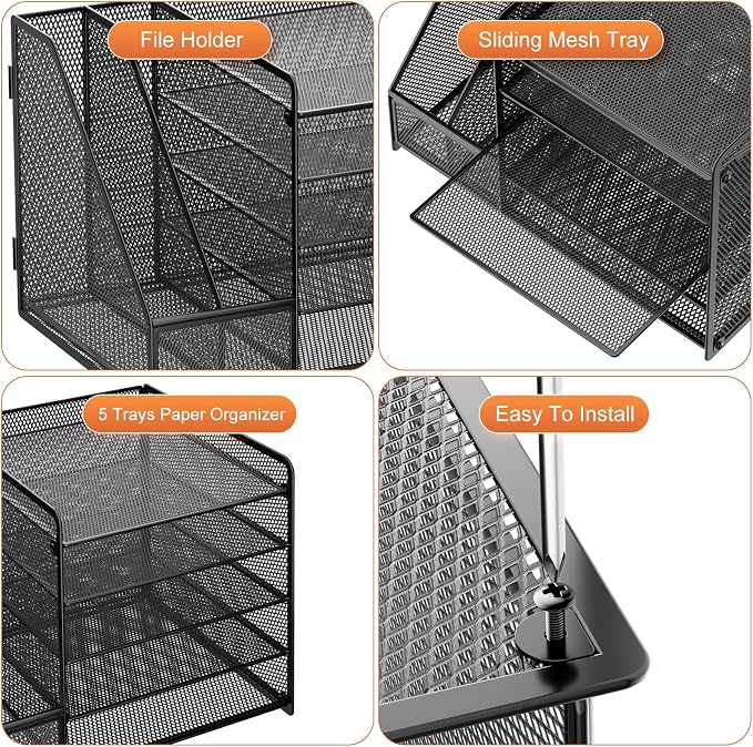 Marbrasse Desk Organizer with File Holder, 5-Tier Paper Letter Tray Organizer, Mesh Desk Organizers and Accessories with Magazine Holder, Desktop Storage for Office Supplies (Black) - Image 6