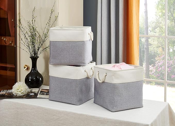 DECOMOMO Cube Storage Bin 13x13 with rope handles, Kallax Storage Cubes | 3 Pack, Fabric Storage Bins for Organizing Clothes, Toys, Books (Grey & White) - Image 6