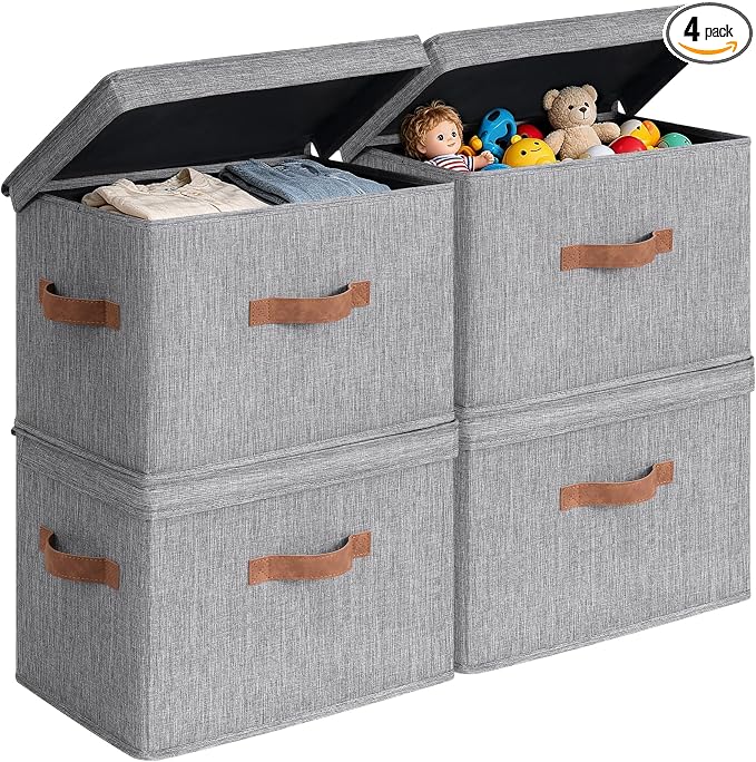 CHICVITA 4-Pack Medium Fabric Storage Bins with Lids for Closet,Grey | 15" x 9.8" x 10.2" Closet Storage Bins with Durable Support Plate, Toy Storage with Handles for Playroom by CHICVITA