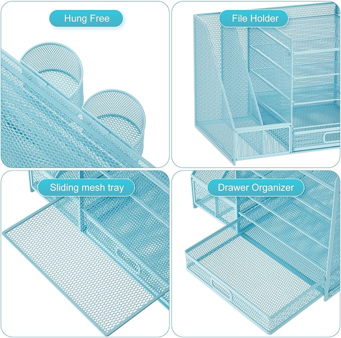 Marbrasse Desk Organizer with File Holder, 5-Tier Paper Letter Tray Organizer with Drawer and 2 Pen Holder, Mesh Desktop Organizer and Storage with Magazine Holder for Office Supplies(Blue) - Image 4