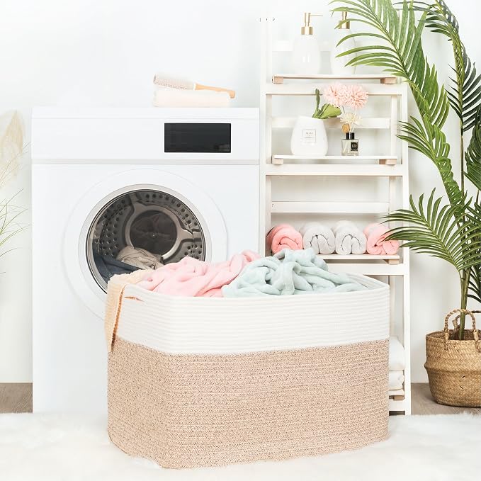 112L Extra Large Blanket Basket Holder Living Room, 25"x17"x16" Rectangle Rope Woven Storage Basket with Handles for Laundry, Pool Towels, Shoes, Dog Toy Organizer Bin Box, Light Brown - Image 3