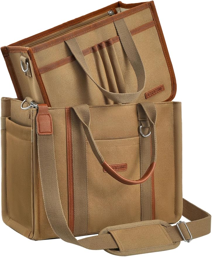BESBESME Women’s Canvas Tote Bag with Zipper and Compartments – Multi-Pocket Laptop Work Crossbody Shoulder Tote Purse by BESBESME