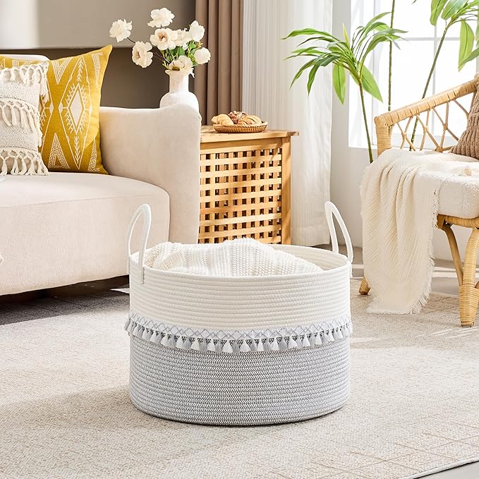 KAKAMAY Large Blanket Basket with Handles, Storage Basket for Living Room | Extra Large Capacity | Natural Cotton Rope | Blanket Storage | Woven Storage Basket | Stuffed Animal Storage | Laundry Basket - Image 4