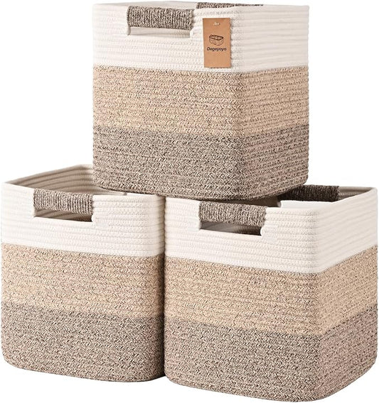 13 Inch Storage Cubes, 3 Pack Cube Storage Bins for Organizing, Cotton Rope Woven Baskets for Shelves, Bathroom, Kids Room, Closets, Baby Nursery by Degeyoyo