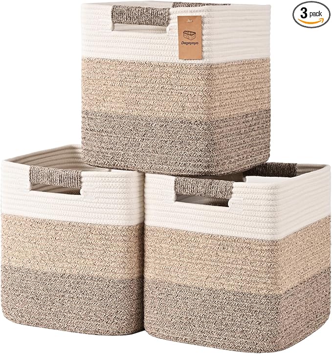 12 Inch Storage Cubes, 3 Pack Cube Storage Bins for Organizing, Cotton Rope Woven Baskets for Shelves, Bathroom, Kids Room, Closets, Baby Nursery by Degeyoyo
