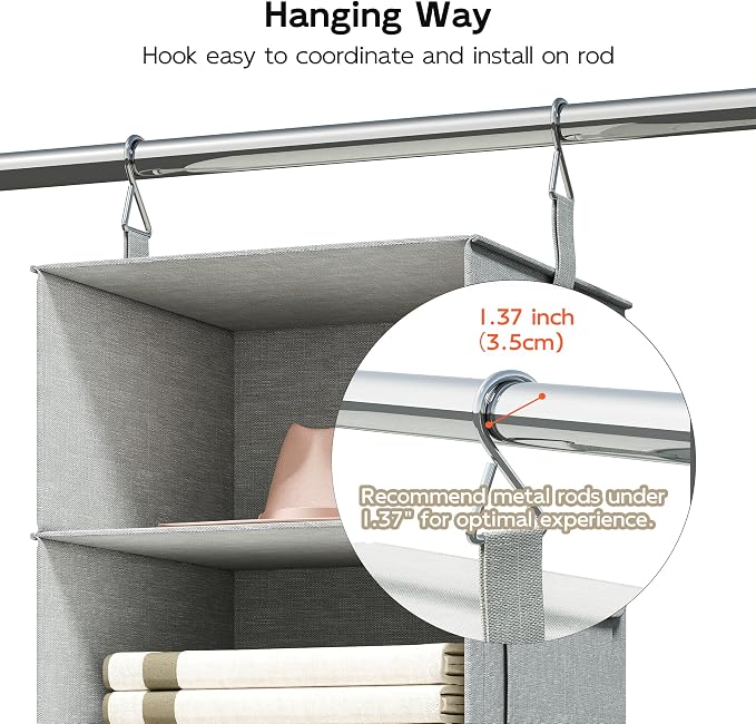 6-Shelf Hanging Closet Organizer with 3 Drawers, Separable, Medium Gray | Converts into Two 3-Shelf Organizers, Foldable Drawers, Side Pockets, Ideal for Wardrobe, Nursery, Dorm & Closet Storage - Image 7